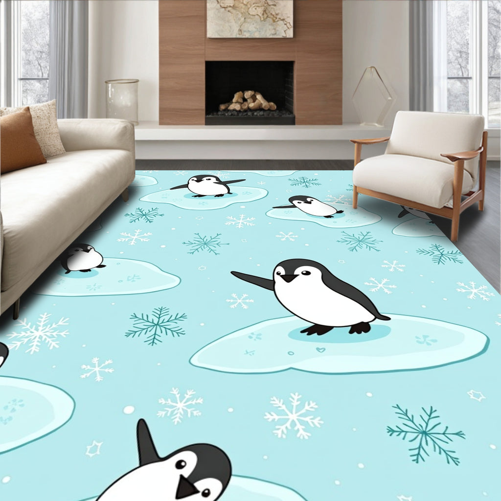 Whimsical Penguin Snowflakes Ice Floes Rug