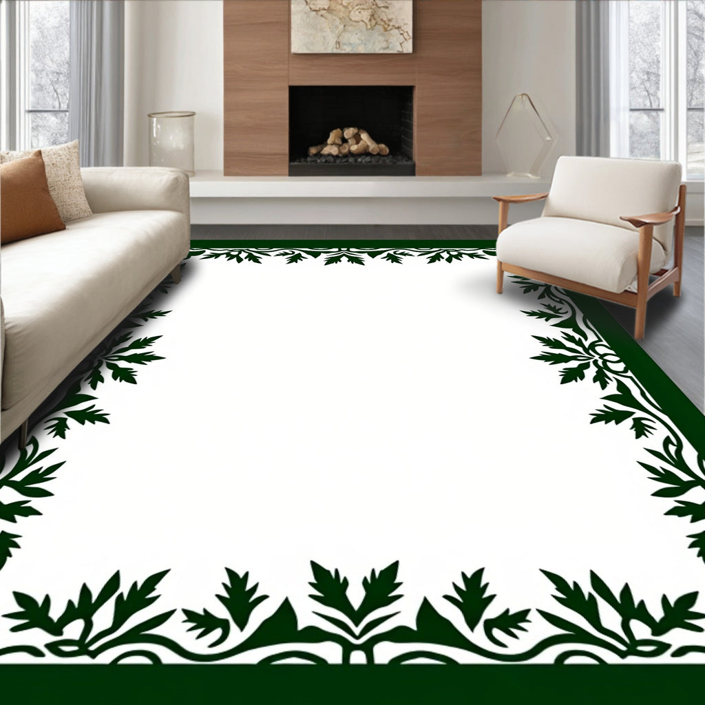 Dark Green Leafy Border Accents Rug