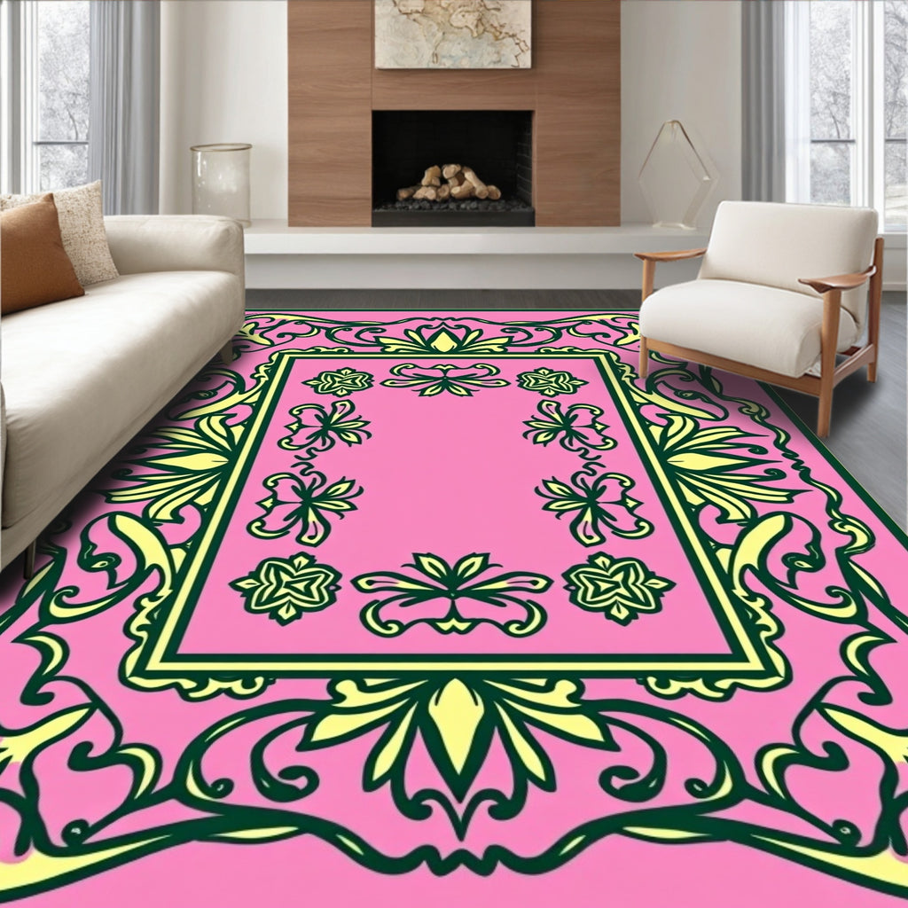 Pink Floral Bordered Medallion Rug