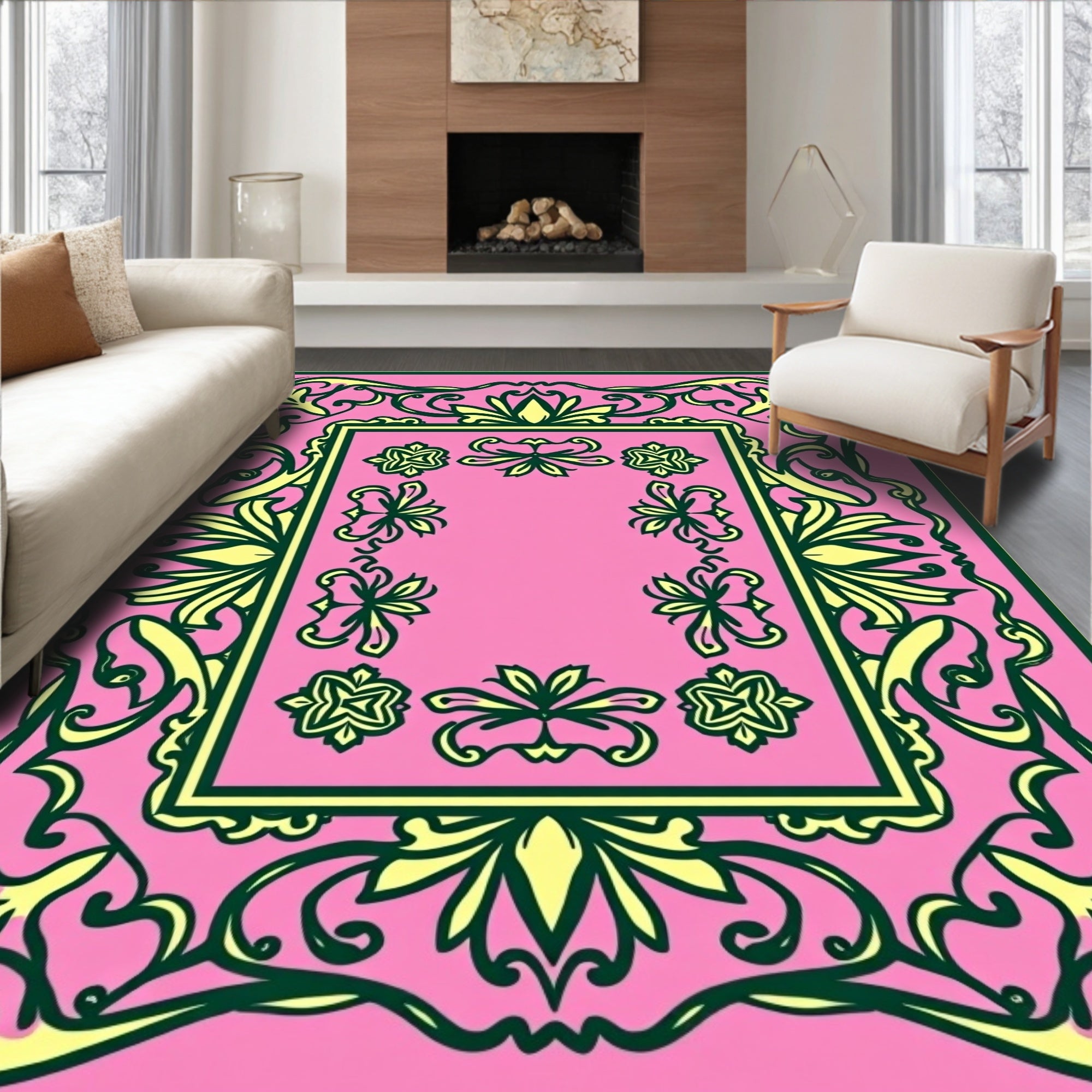 Pink Floral Bordered Medallion Rug