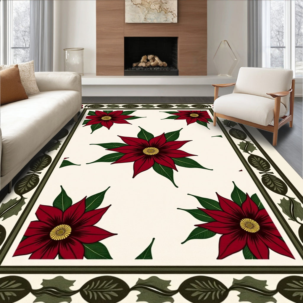 Crimson Poinsettia Floral Border Rug
