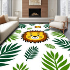 Cute Lion Faces Green Jungle Leaves Rug