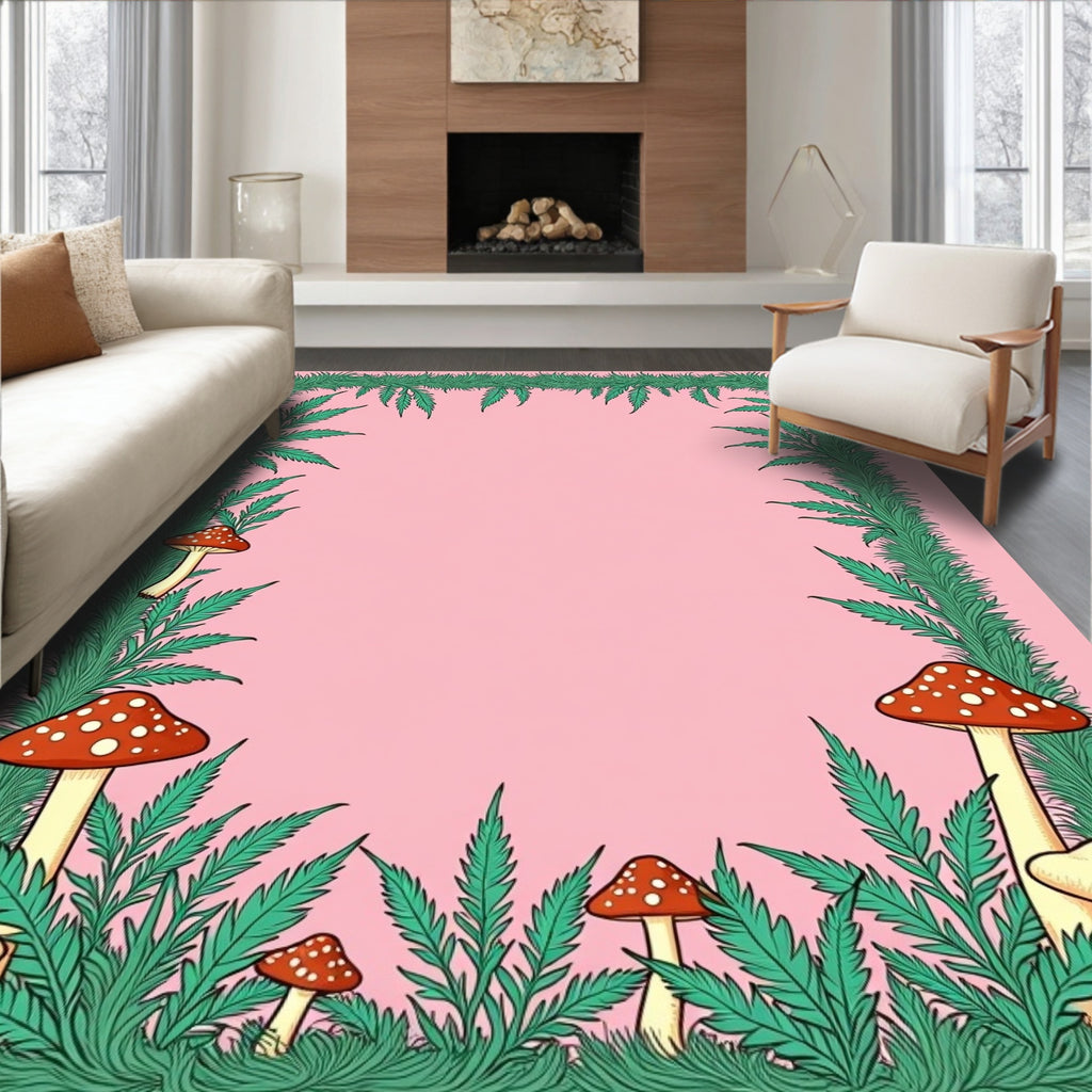 Whimsical Green Leaf Mushroom Border Rug