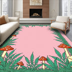 Whimsical Green Leaf Mushroom Border Rug