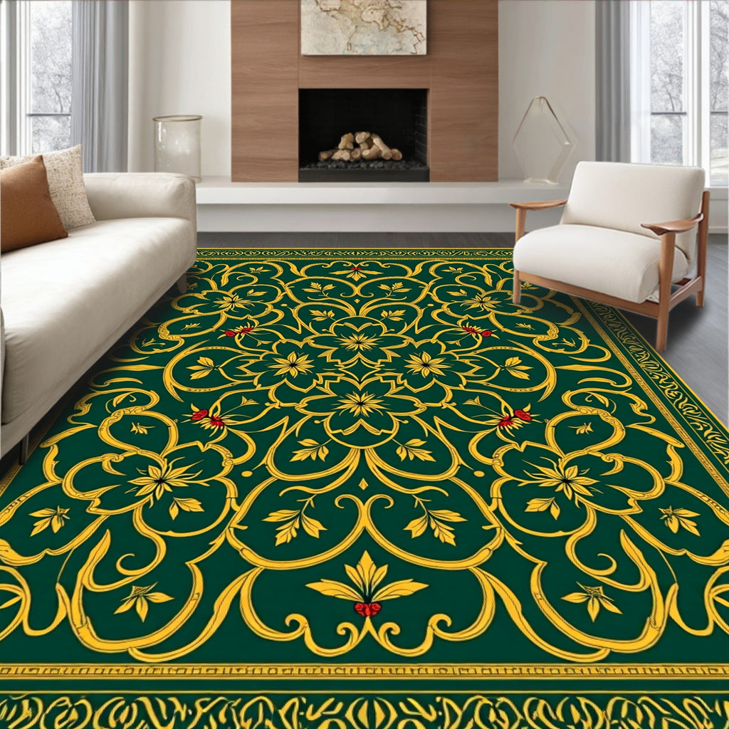 Emerald Gold Floral Scroll Medallion Swirl Rug