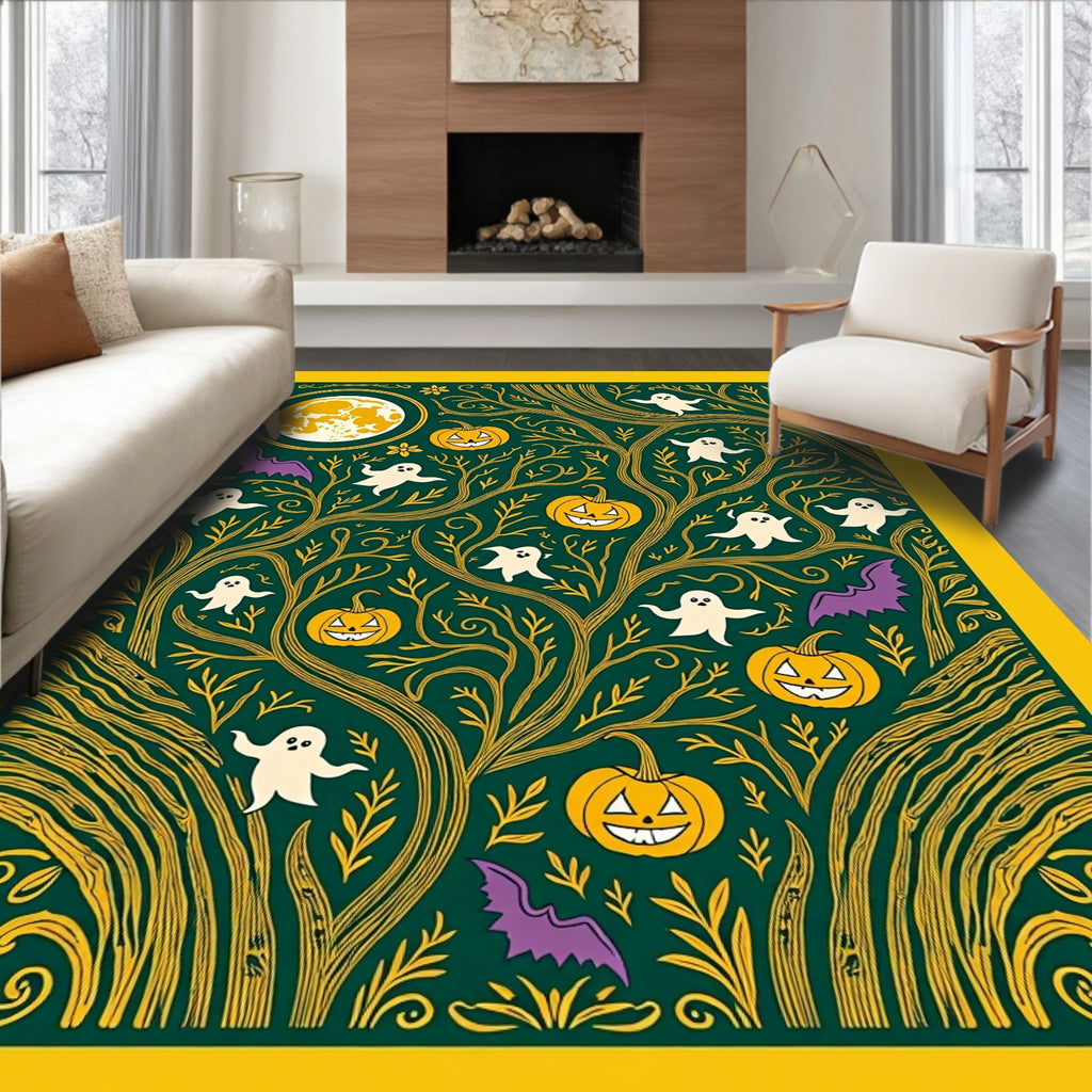 Whimsical Halloween Moon Bat Ghost Pumpkins Rug