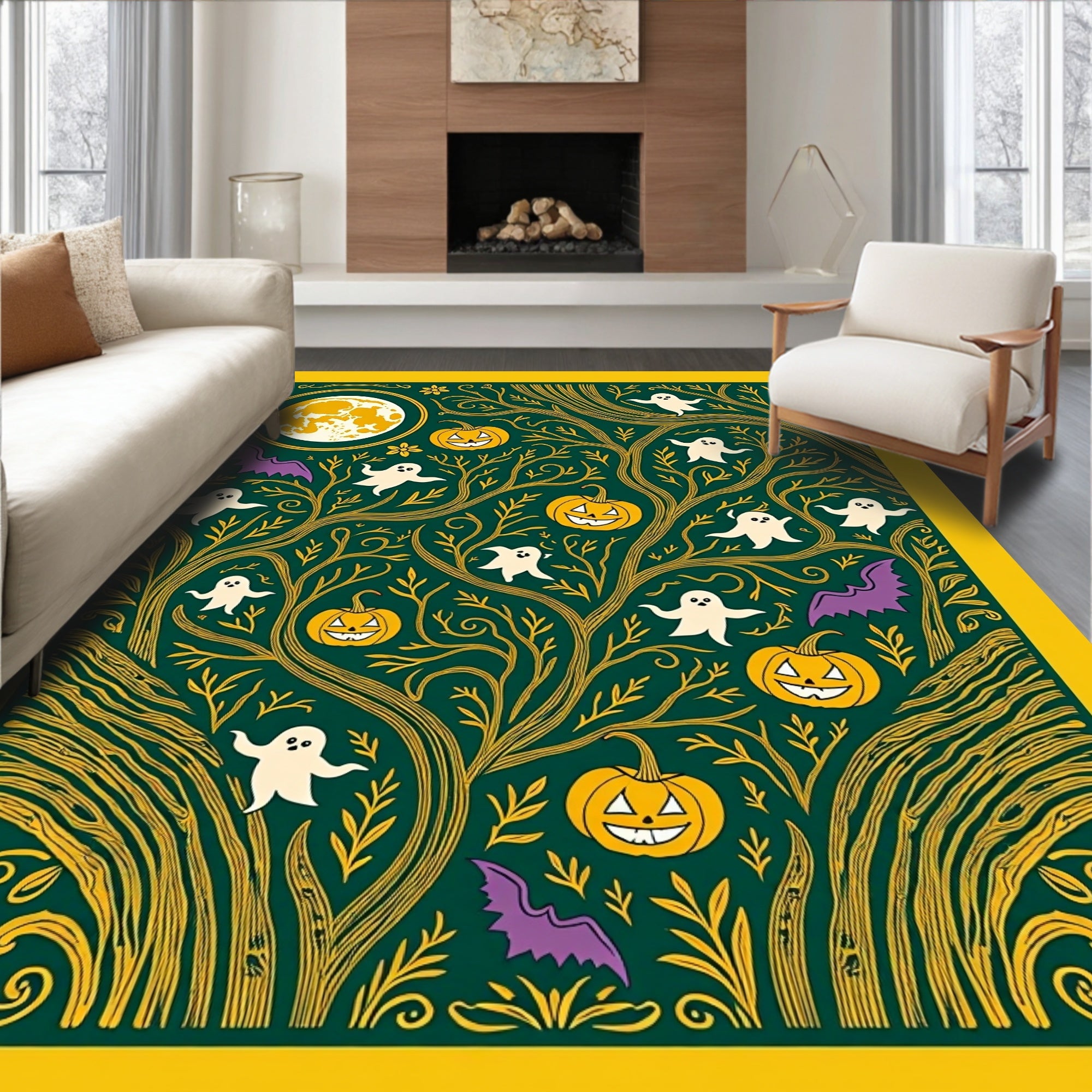Whimsical Halloween Moon Bat Ghost Pumpkins Rug