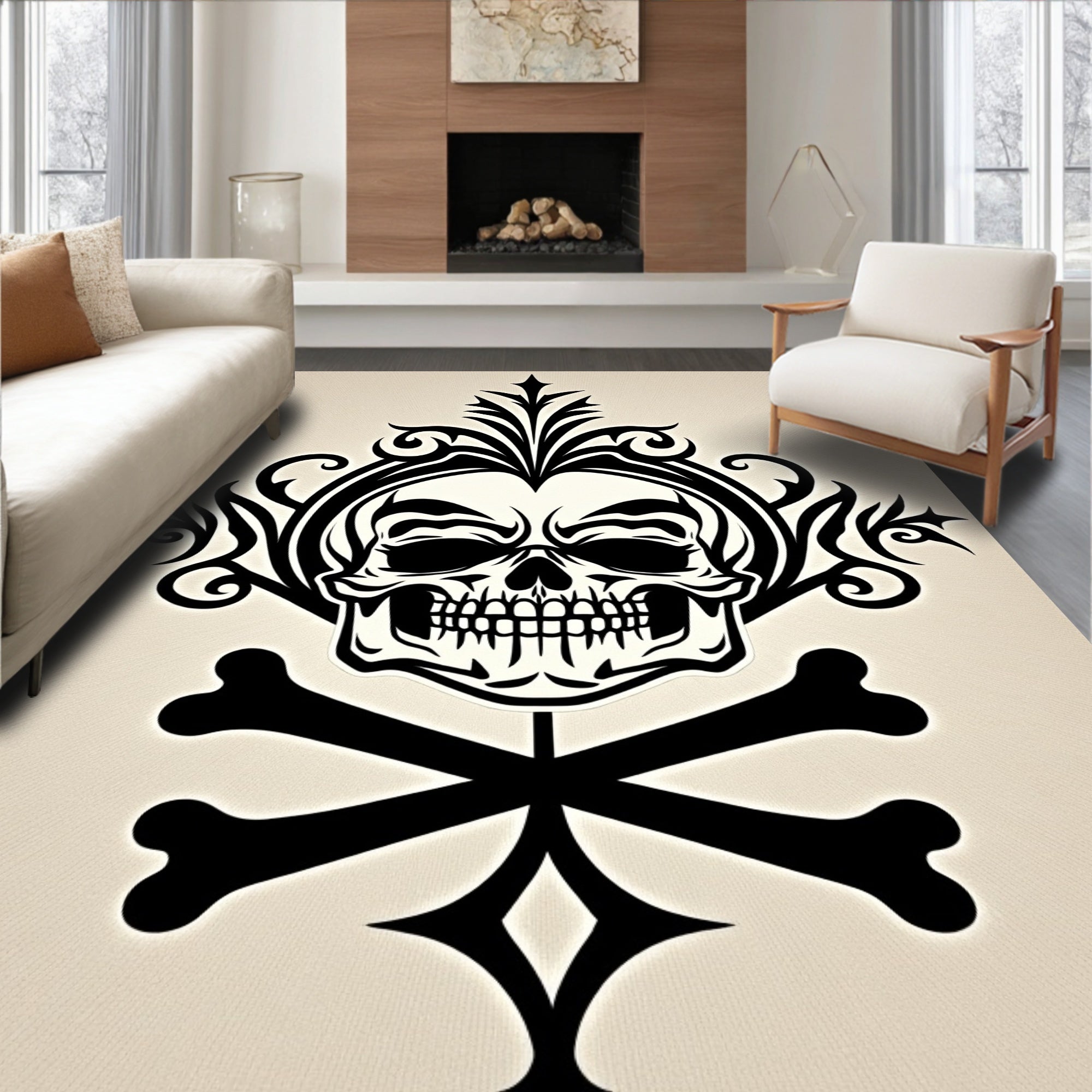 Gothic Black Skull Bone Medallion Rug