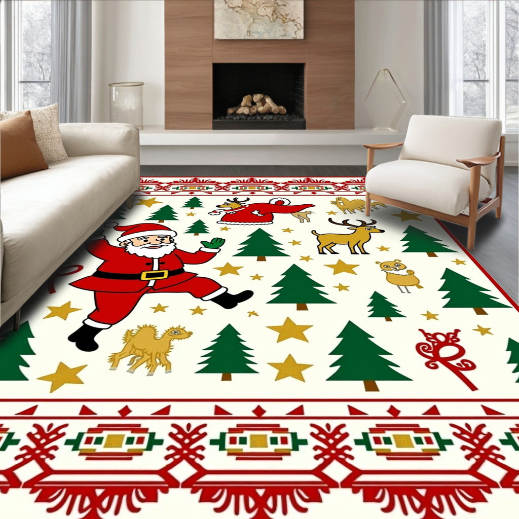 Christmas Santa Claus Reindeer Forest Border Rug