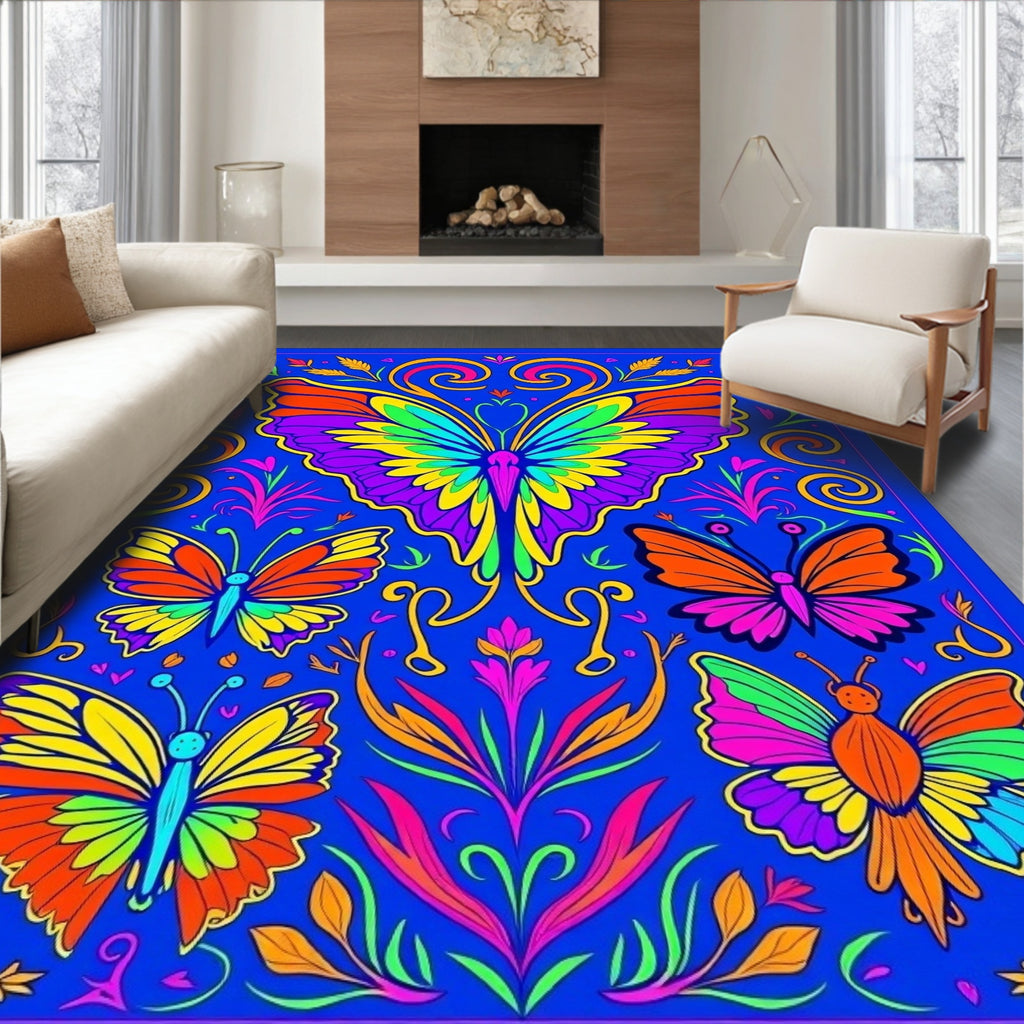 Vibrant Rainbow Butterfly Garden Medley Rug