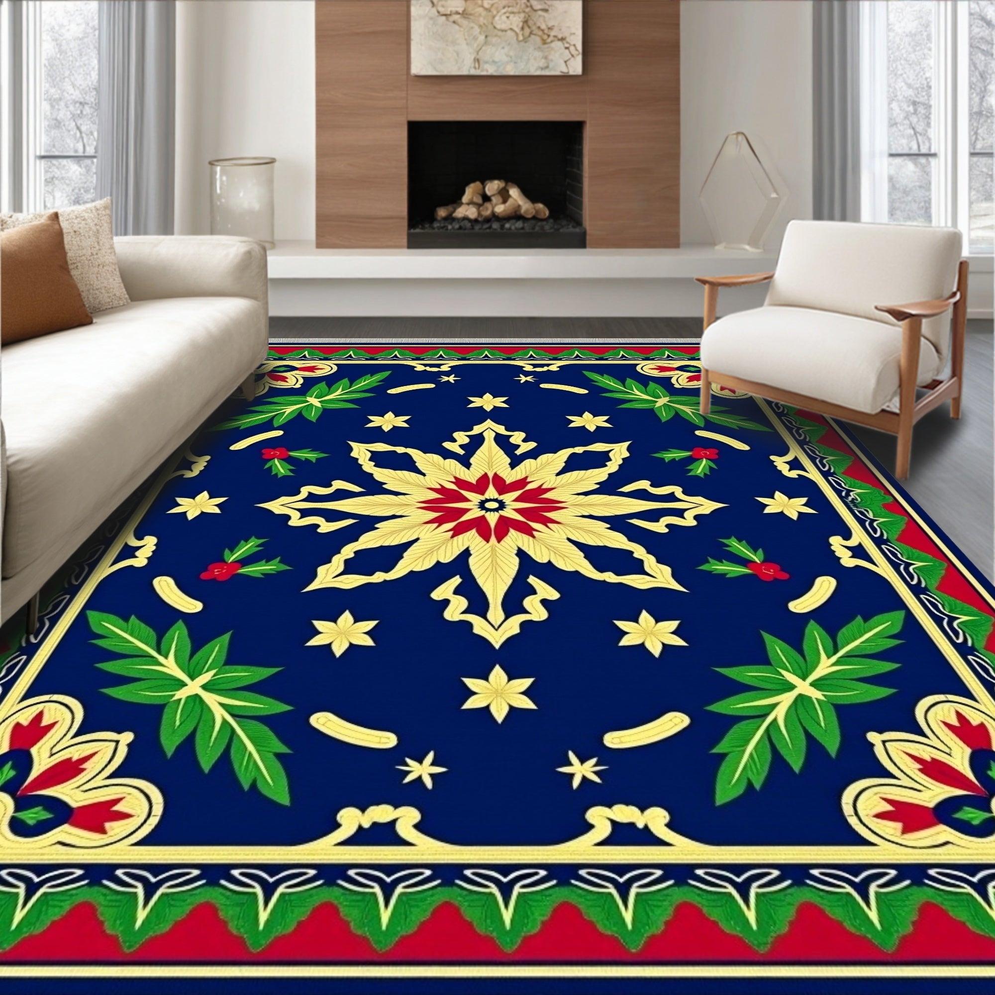 Royal Blue Golden Floral Poinsettia Rug