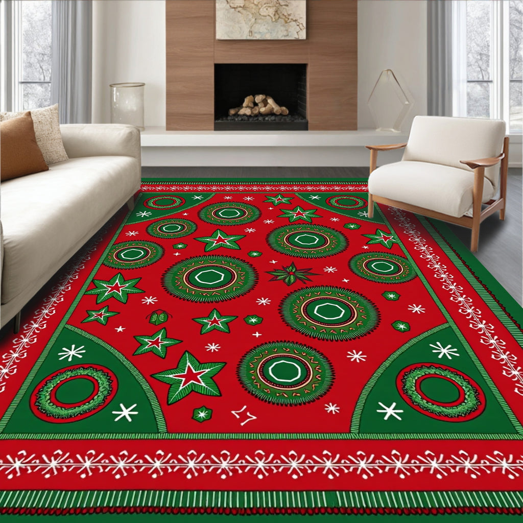 Festive Red Green Star Medallion Rug