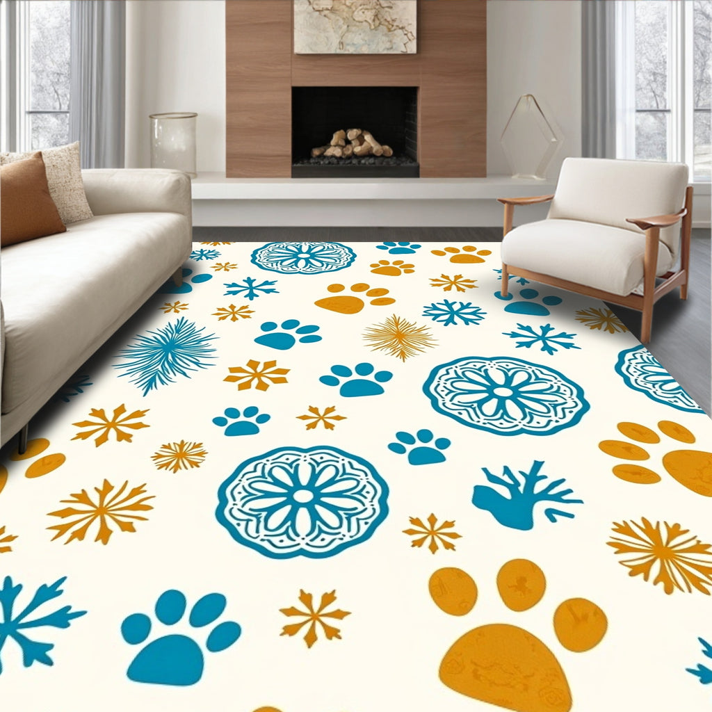 Teal Orange Paw Print Snowflake Medallion Rug