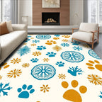 Teal Orange Paw Print Snowflake Medallion Rug