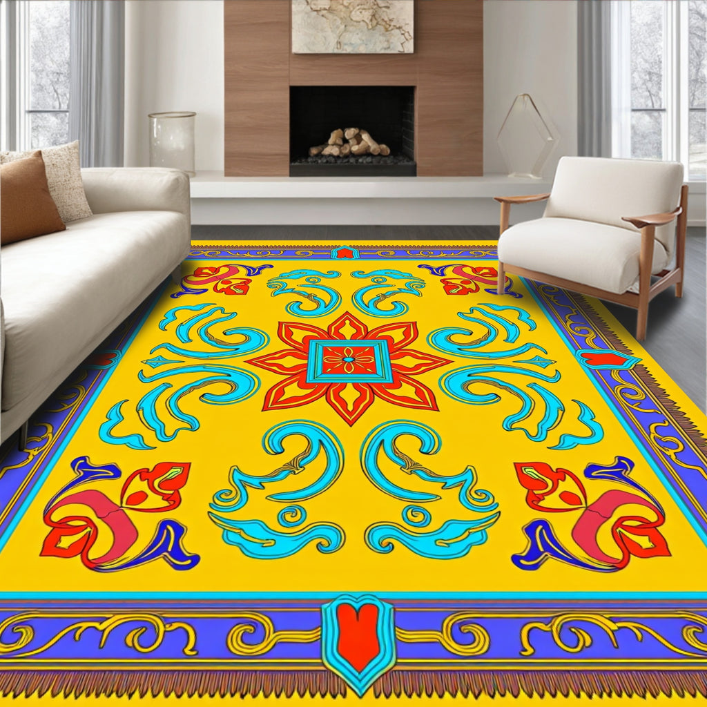 Yellow Red Blue Floral Medallion Border Rug