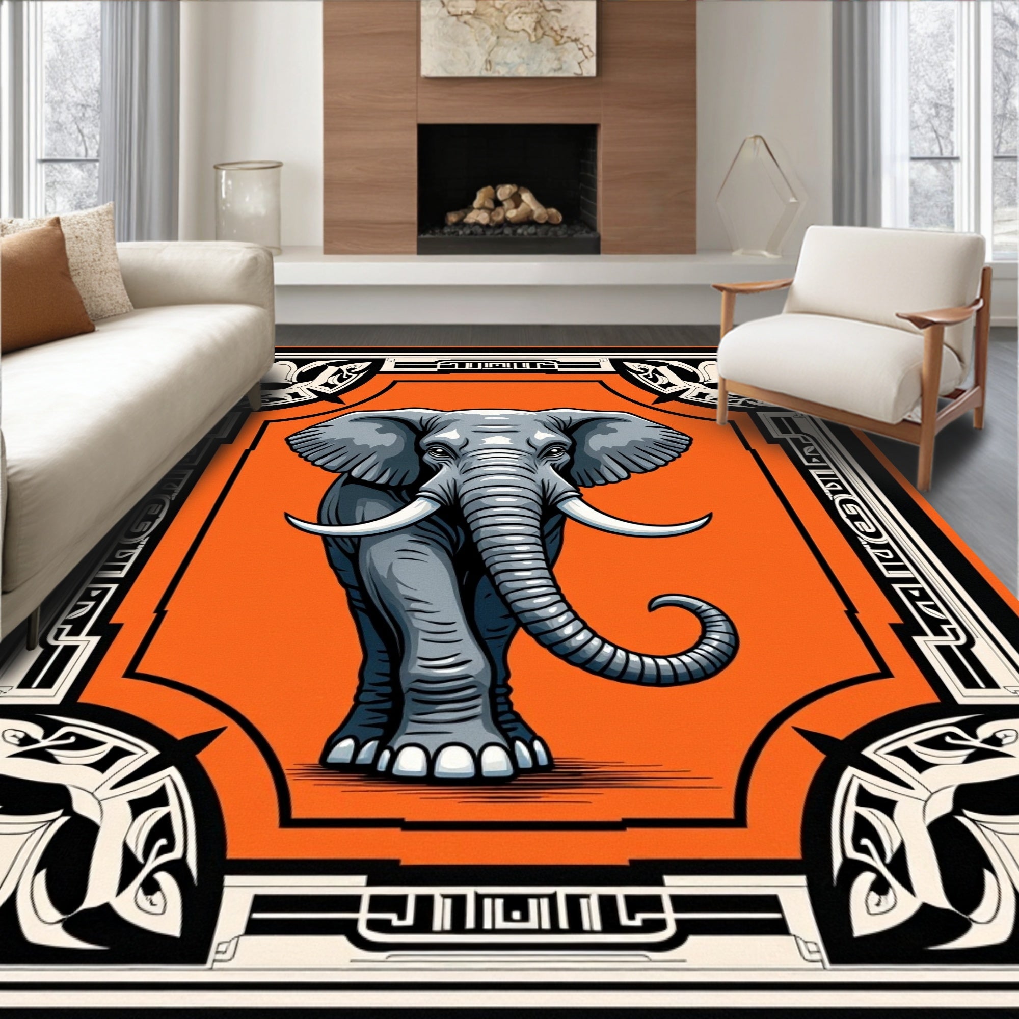 Majestic Gray Elephant Orange Frame Rug