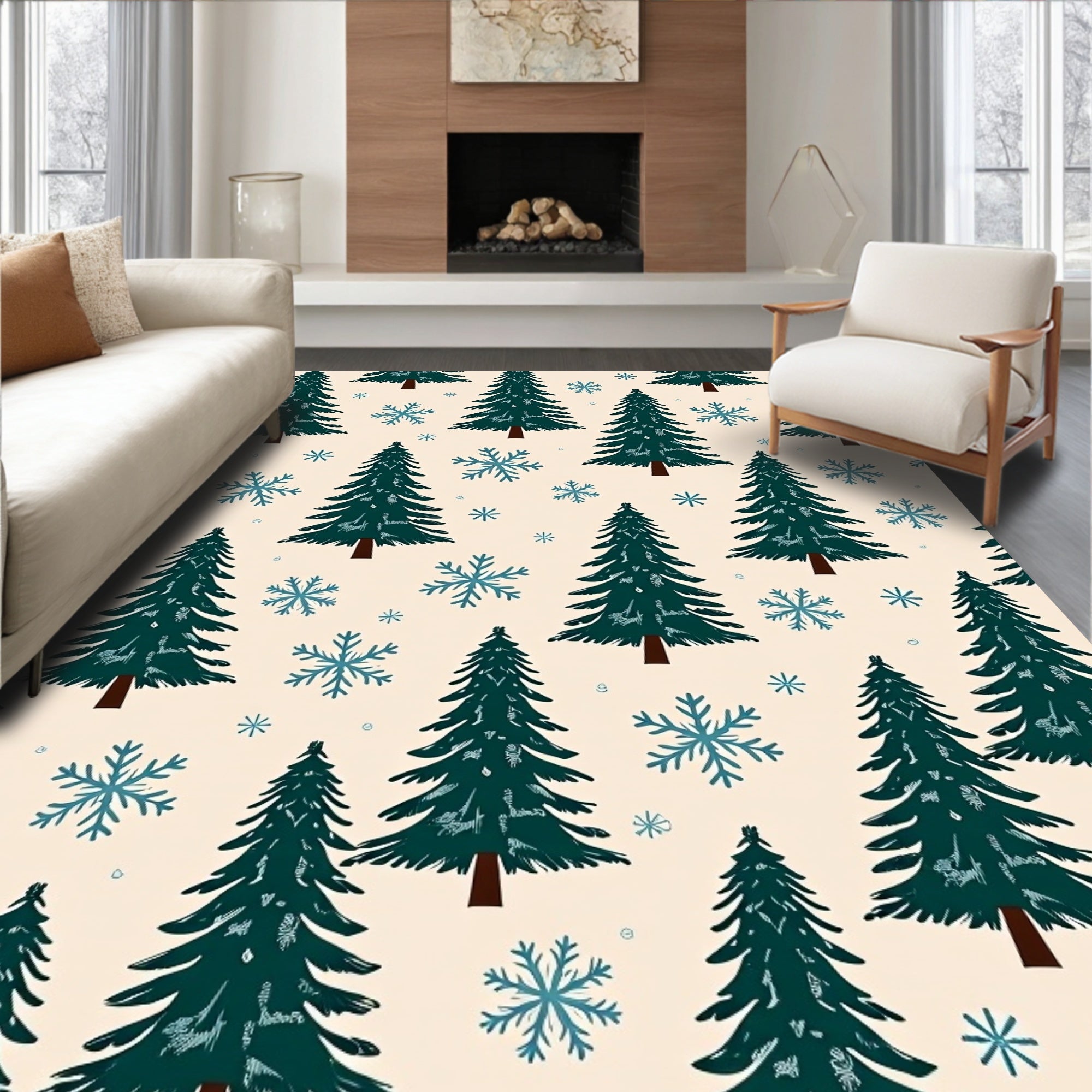 Dark Green Pine Snowfall Forest Rug