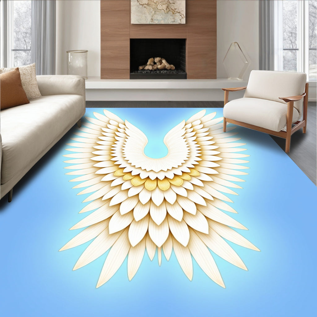 Cream White Feathered Wings on Blue Rug
