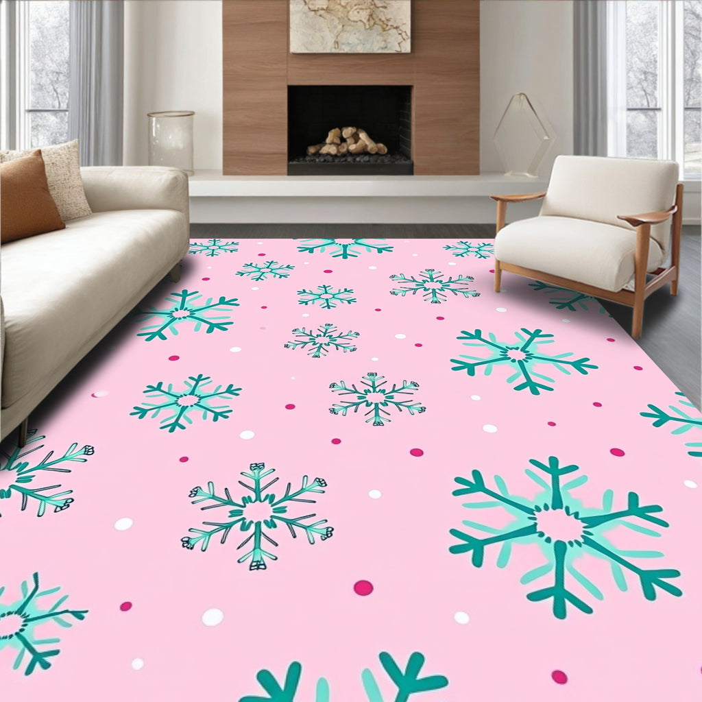 Teal Snowflake Scatter On Pink Backdrop Rug