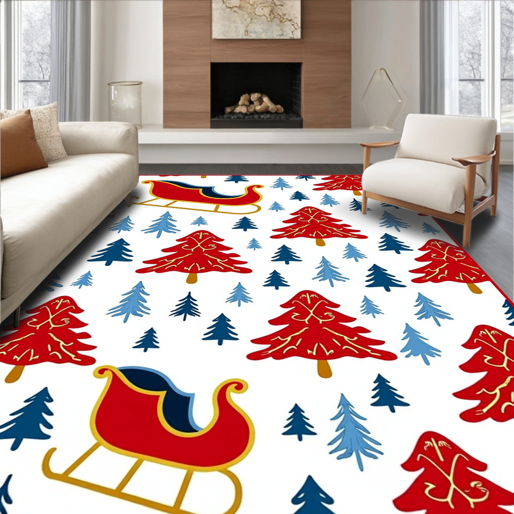 Red Sleigh Blue Pine Trees Rug