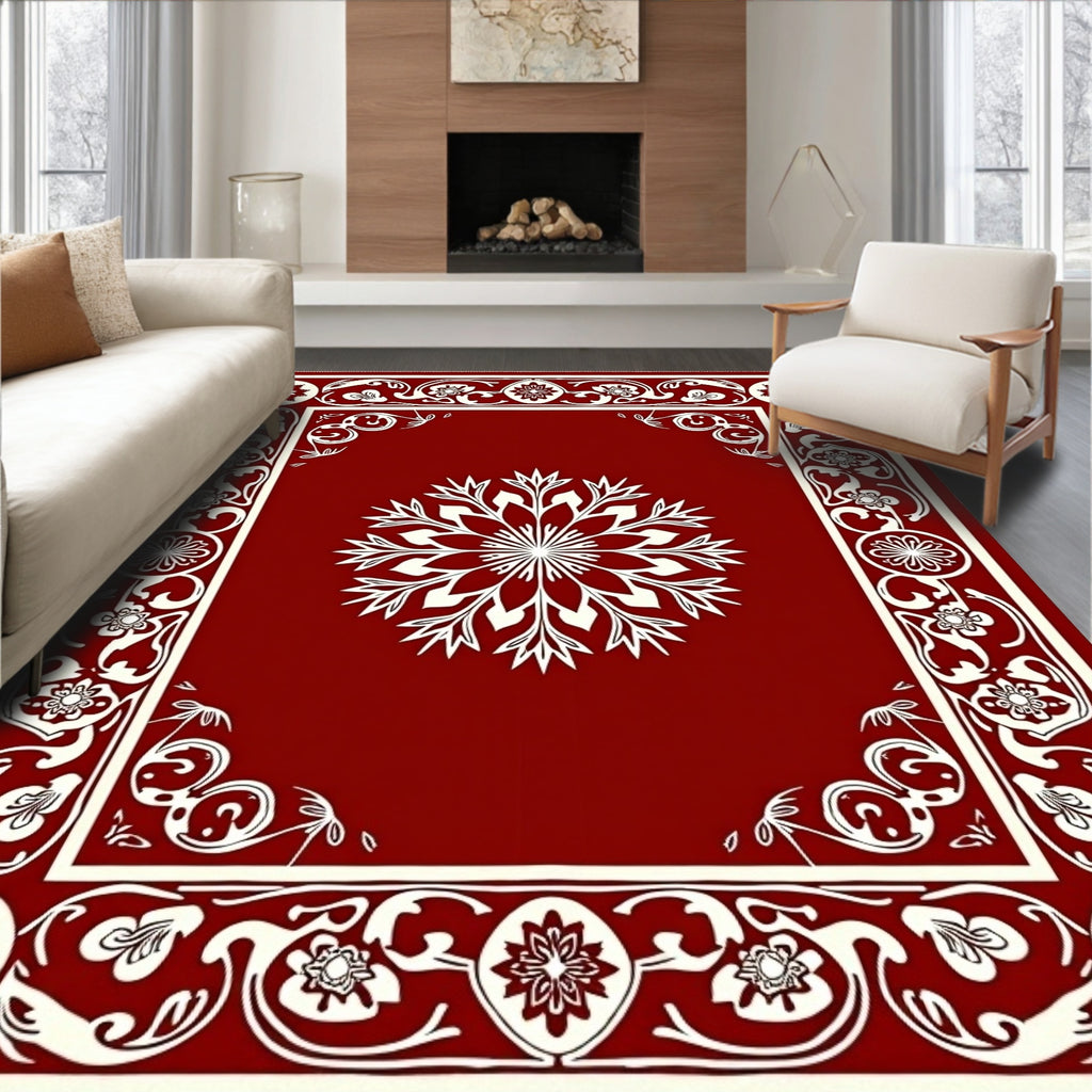 Crimson Bordered White Floral Rays Rug