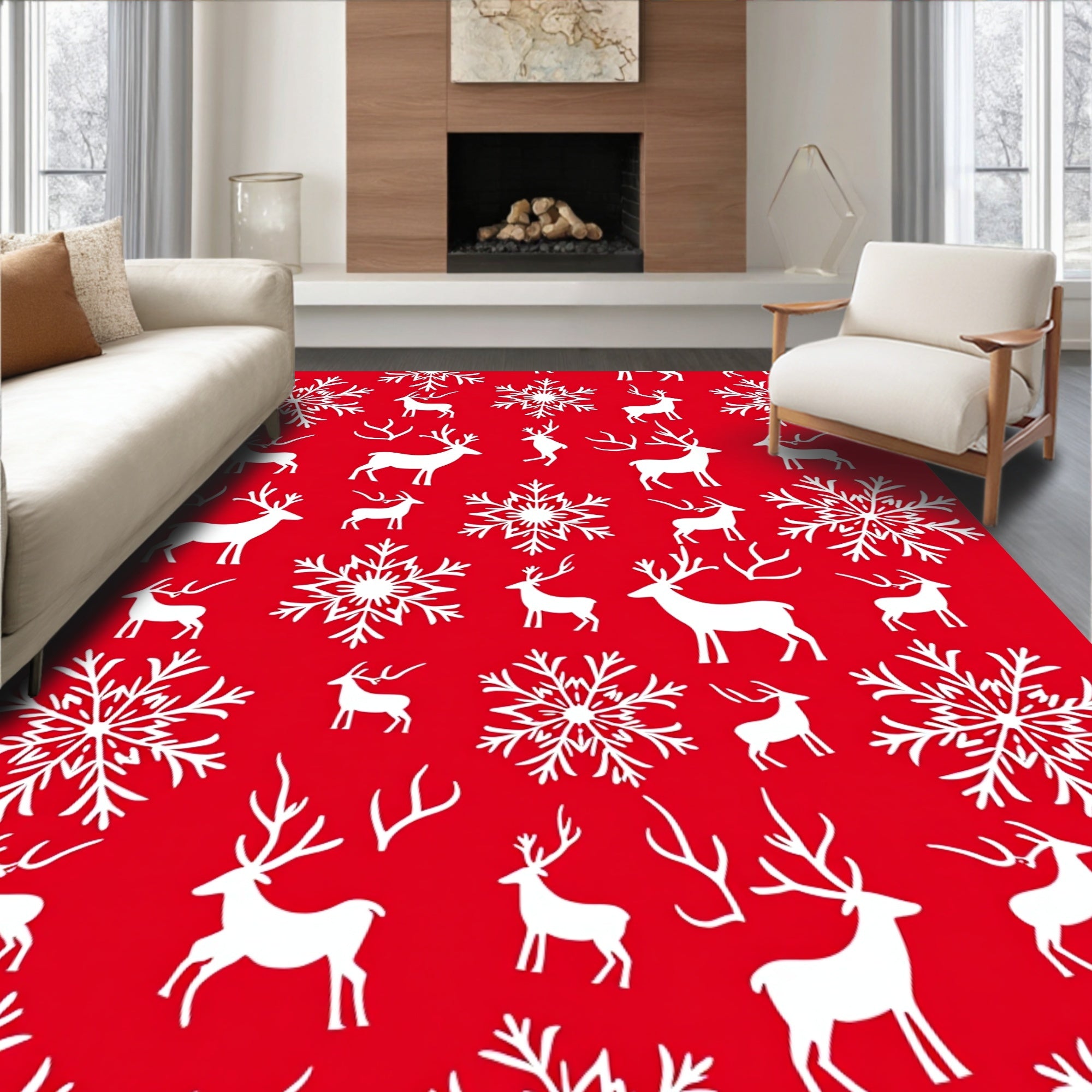 Red White Reindeer Snowflake Collection Rug