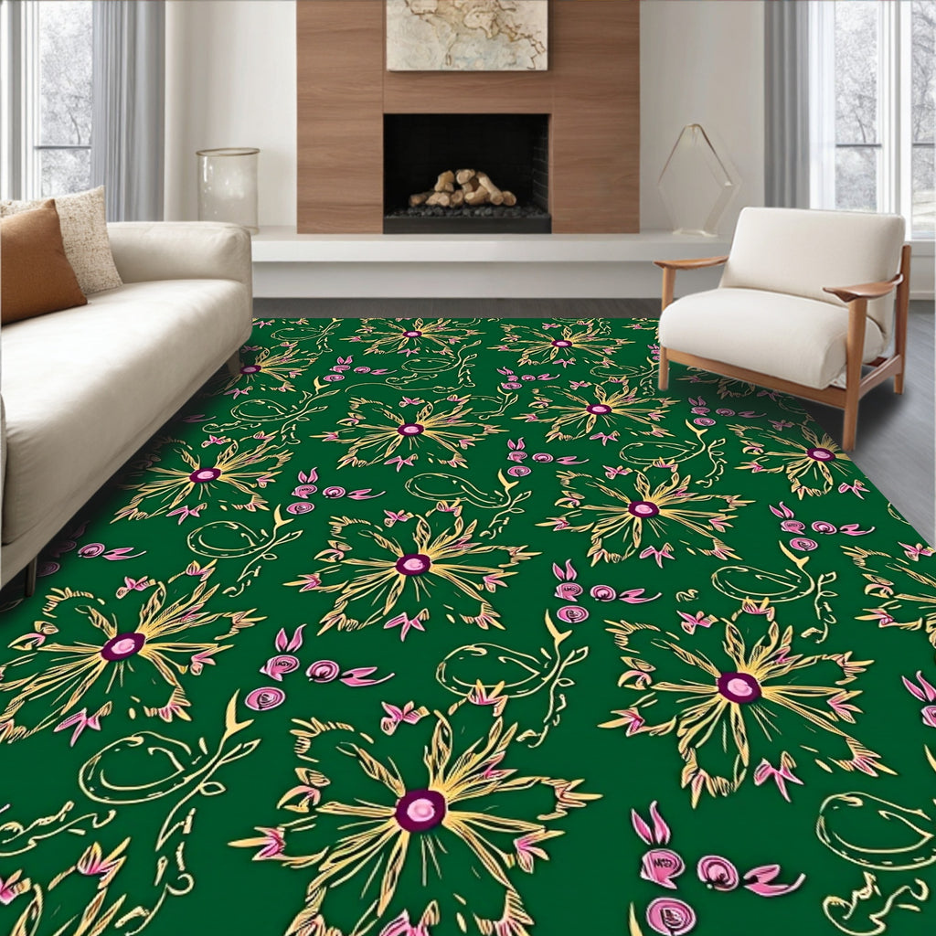 Emerald Green Floral Vine Meadow Rug