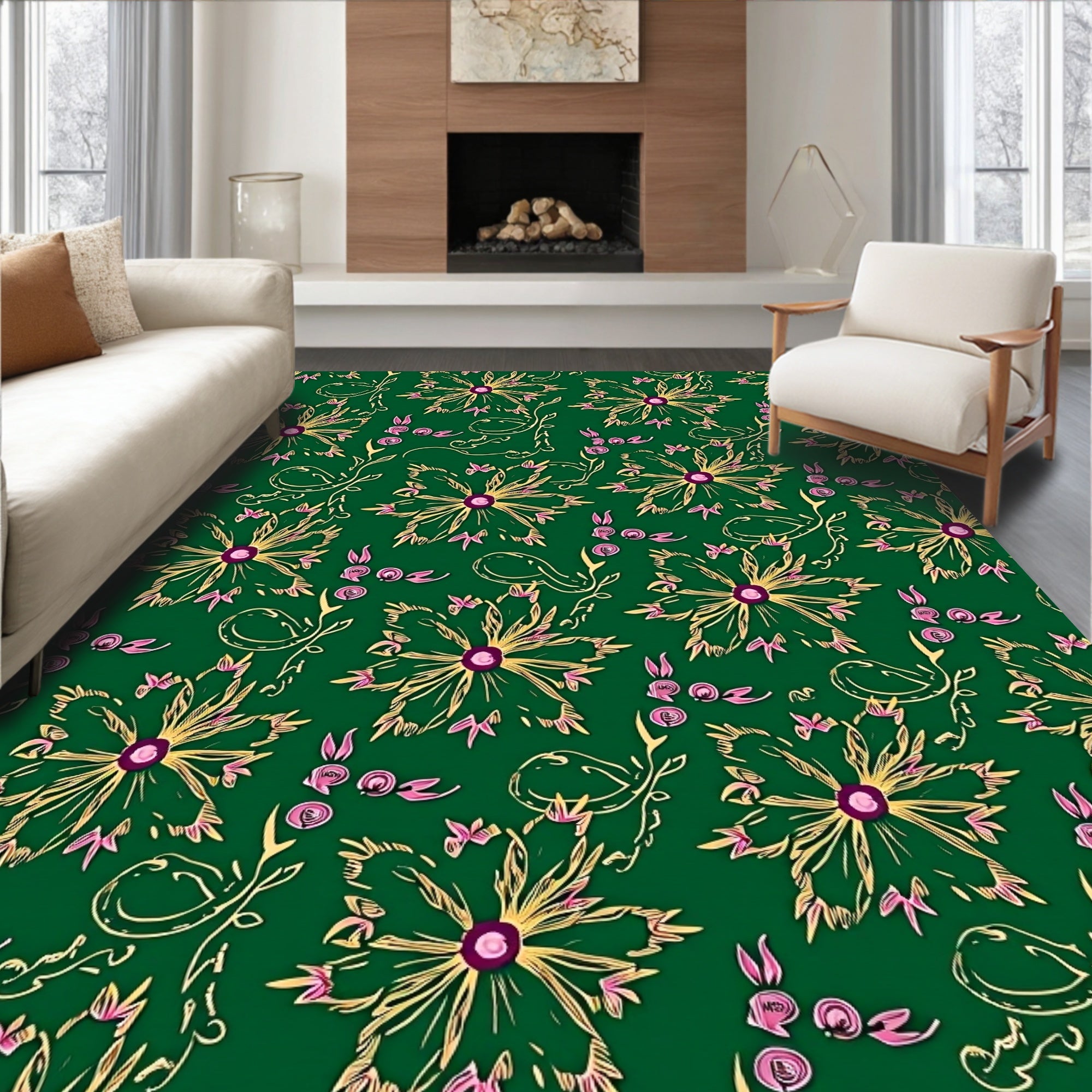 Emerald Green Floral Vine Meadow Rug