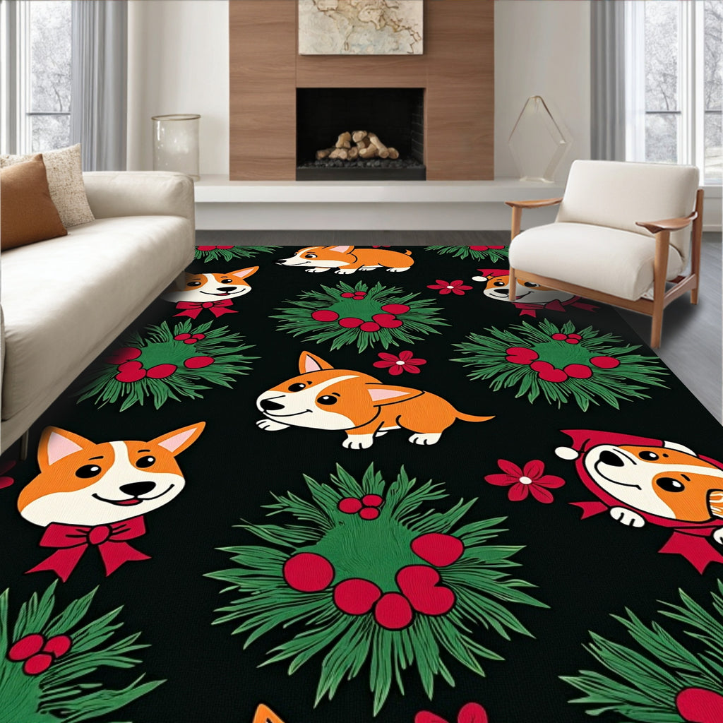Cute Corgi Wreaths Red Bows Rug