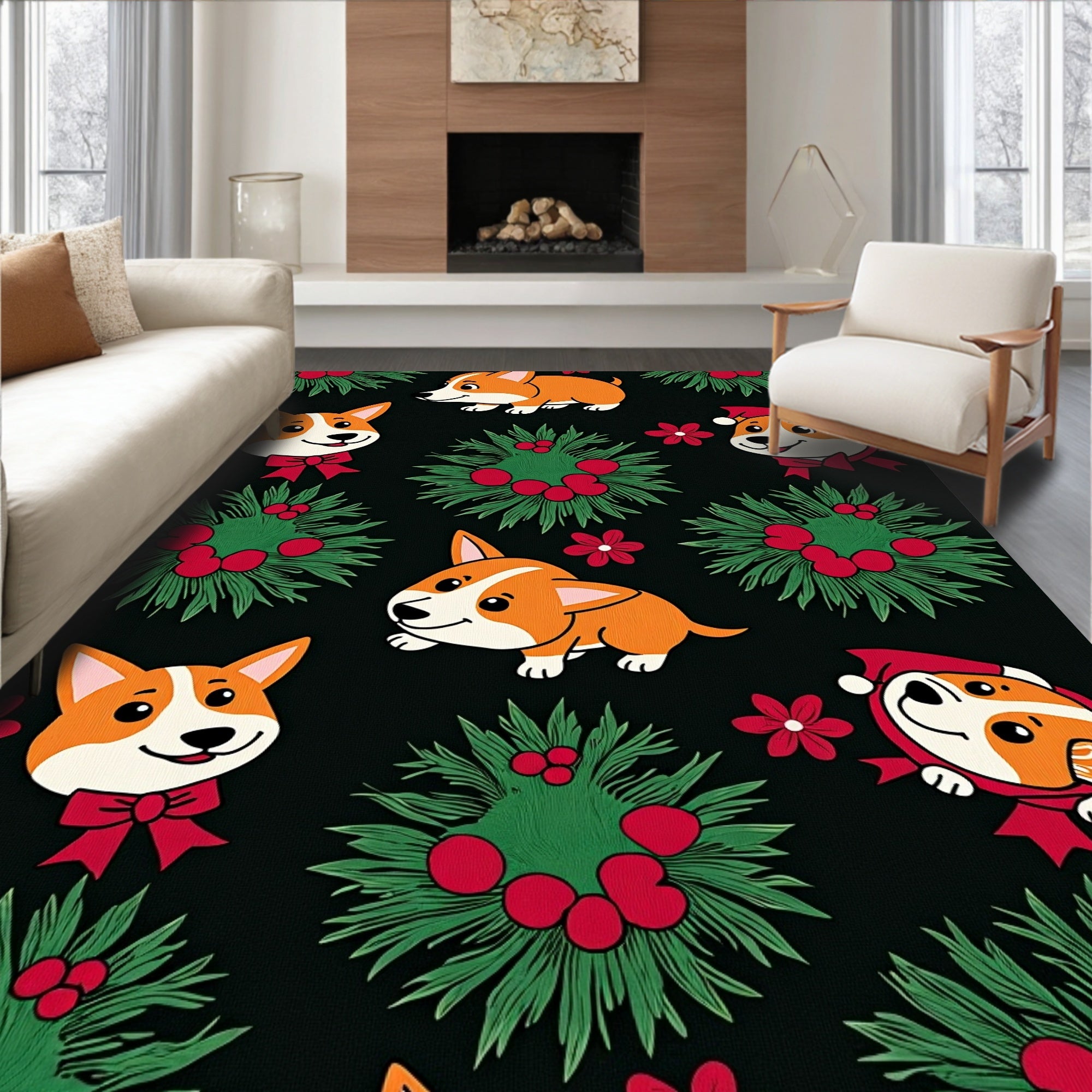 Cute Corgi Wreaths Red Bows Rug