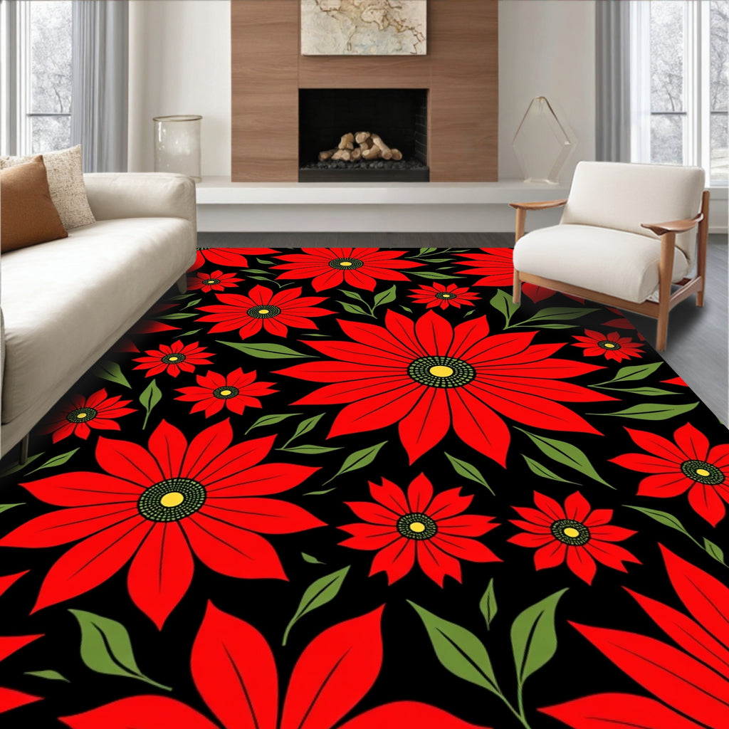 Vibrant Red Floral Black Background Rug