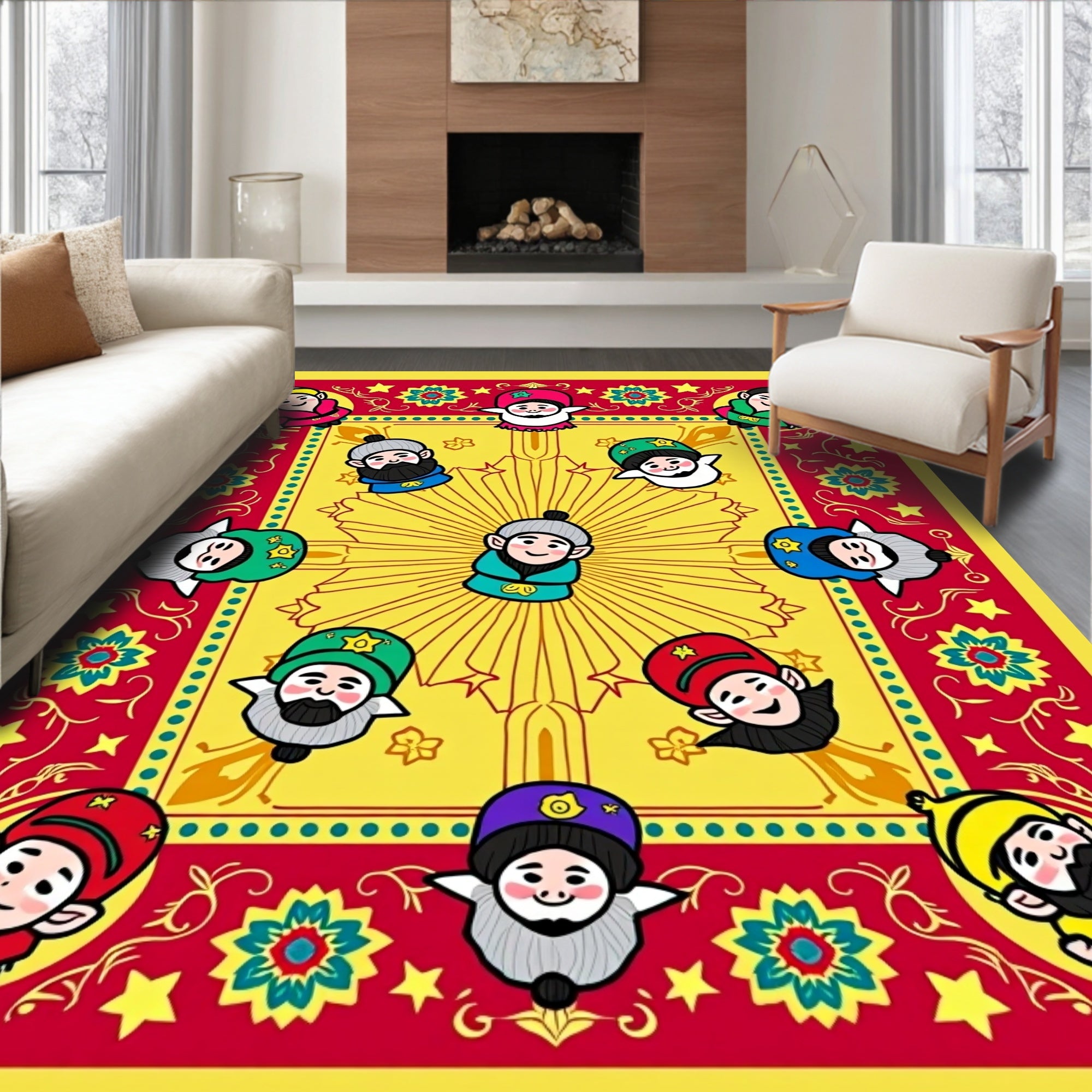 Joyful Figures Red Yellow Folk Art Rug