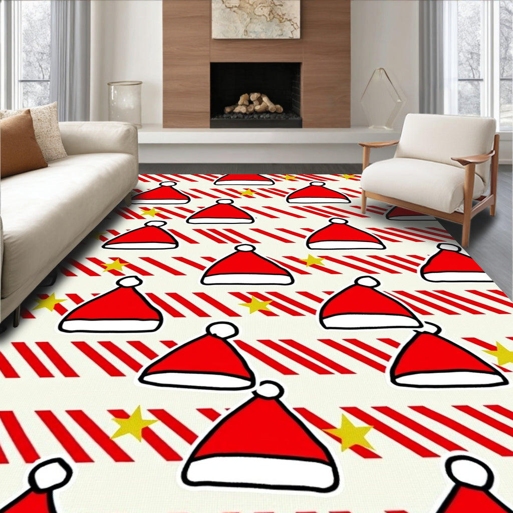 Red Santa Hats Yellow Stars Stripes Rug