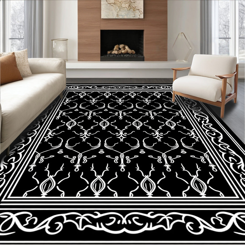 Elegant black white scrolling border inlay Rug