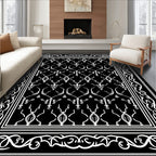 Elegant black white scrolling border inlay Rug