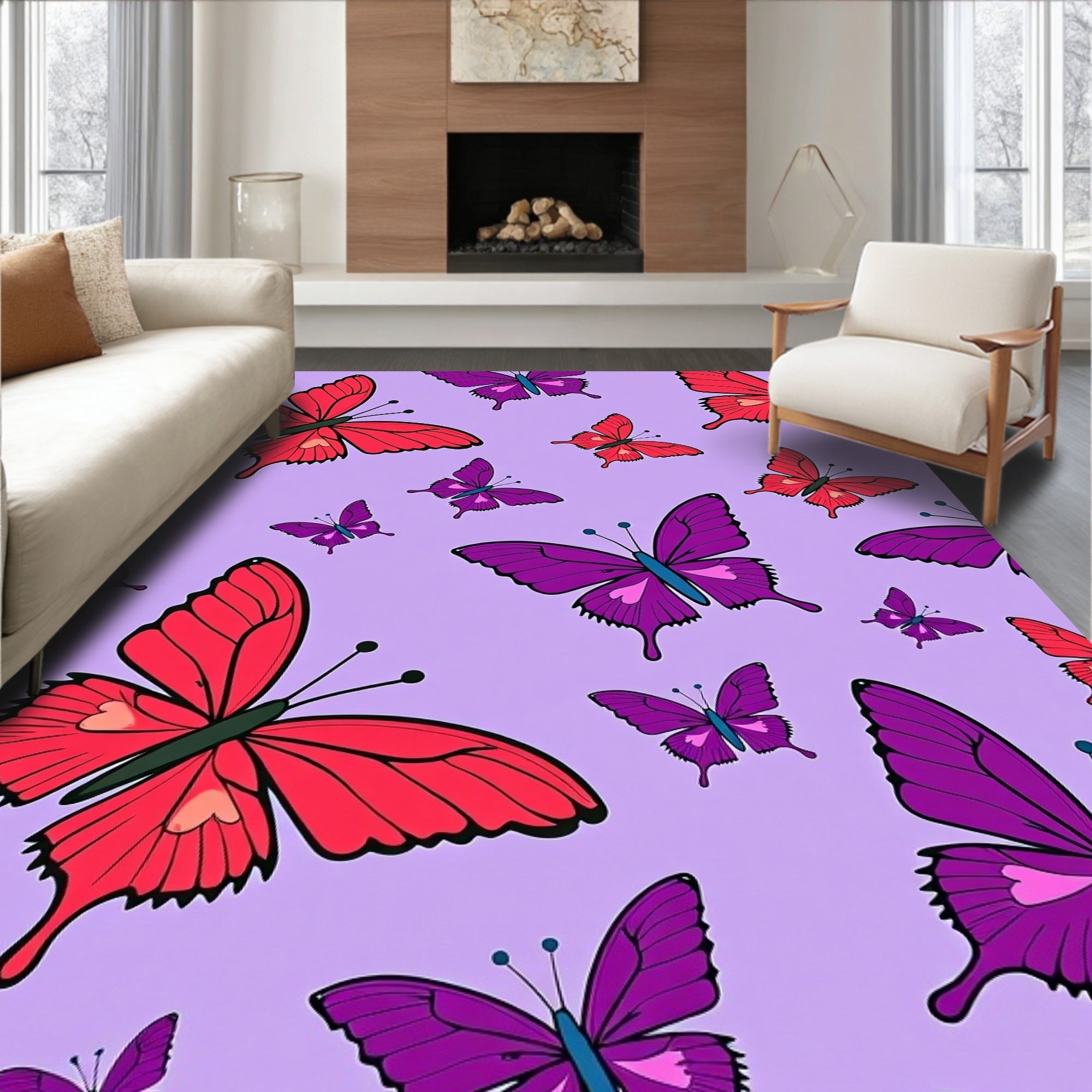 Whimsical Red Purple Butterfly Garden Rug