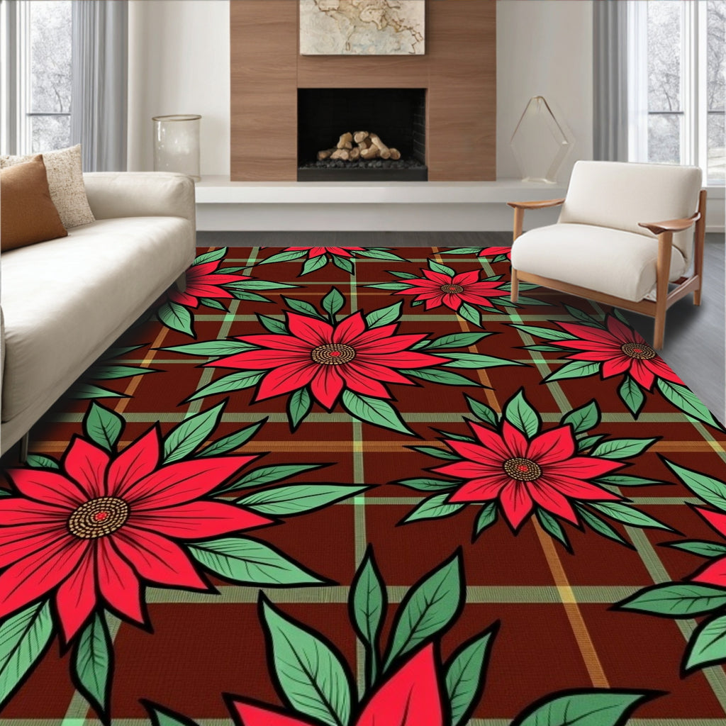 Crimson Red Poinsettia Tartan Rug
