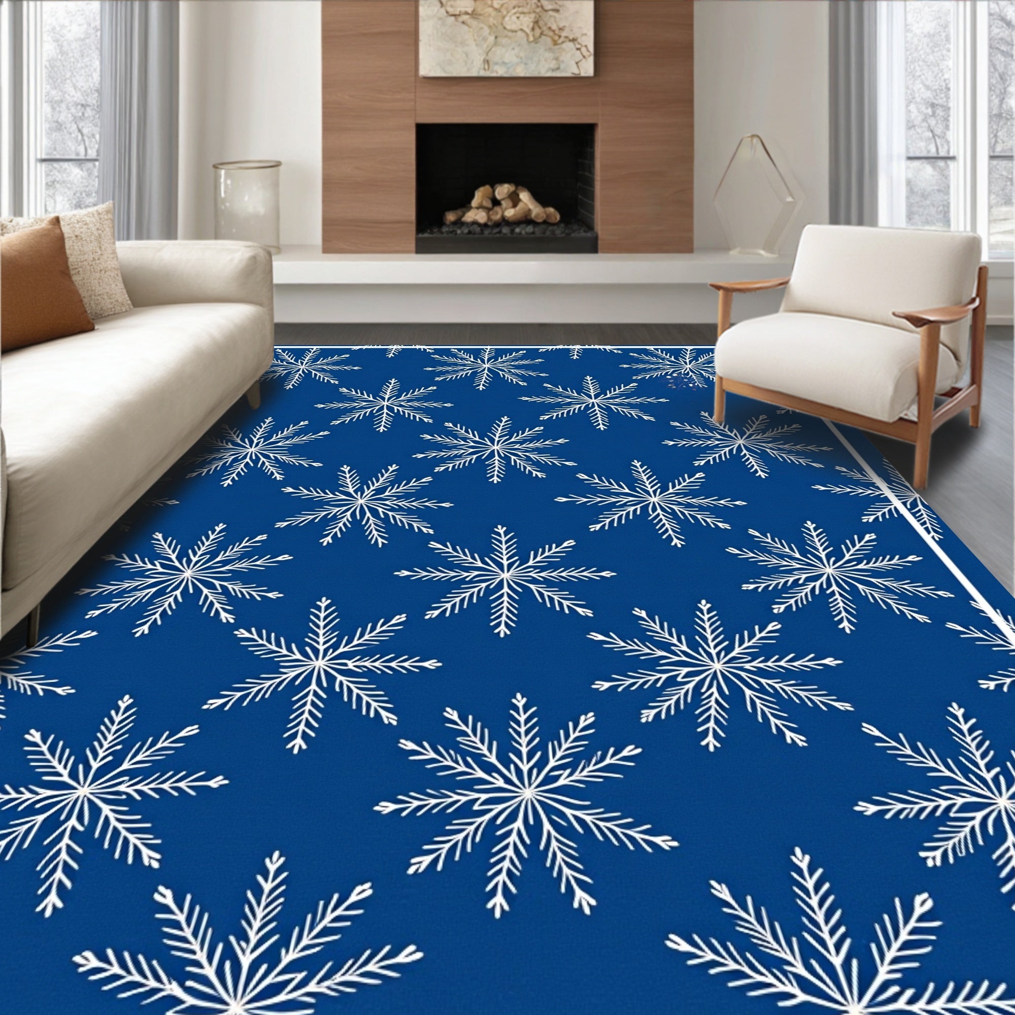 Winter Blue Snowflake Motif Rug