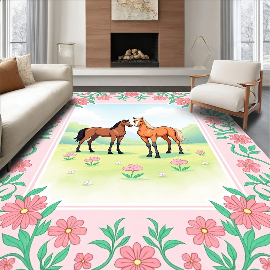 Pink Floral Border With Two Horses Rug