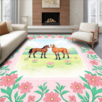 Pink Floral Border With Two Horses Rug