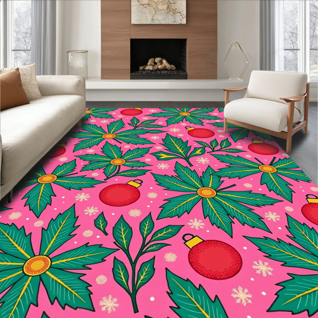 Festive Red Ornaments Green Holly Scatter Rug