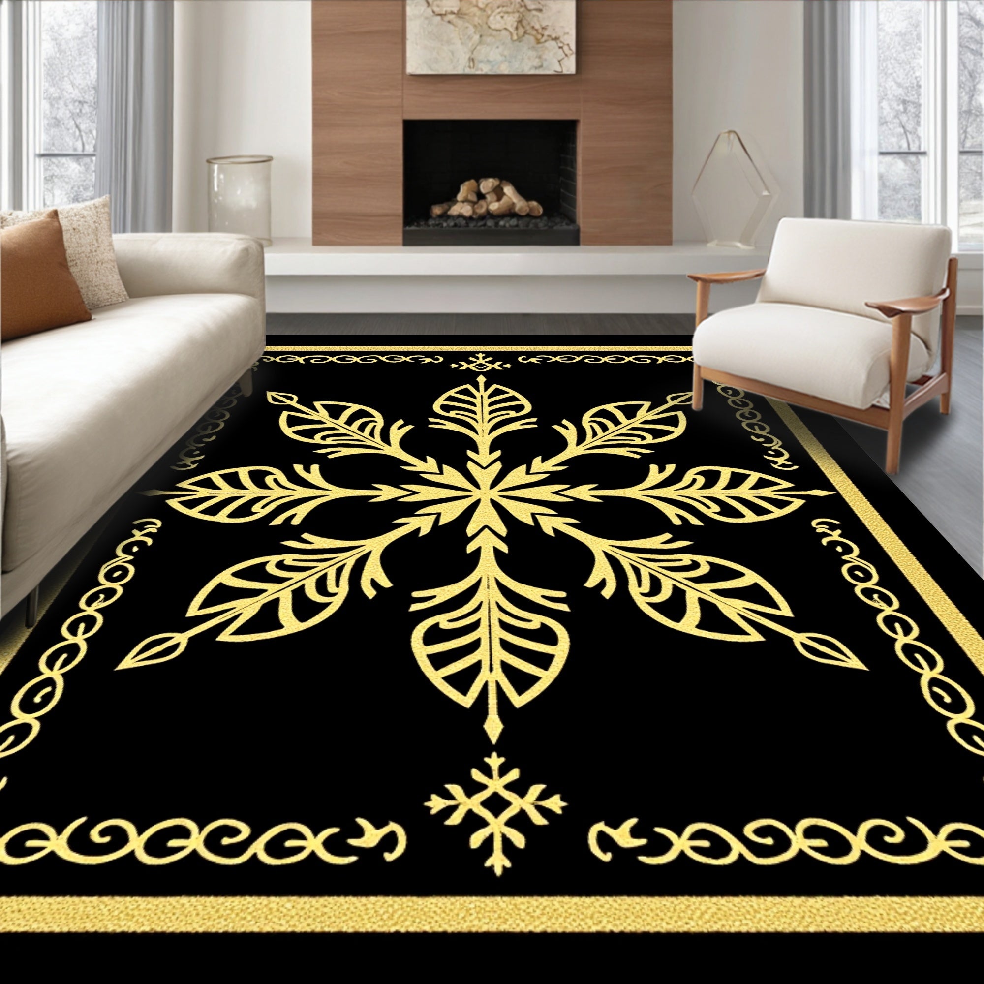 Golden Black Leaf Snowflake Medallion Rug