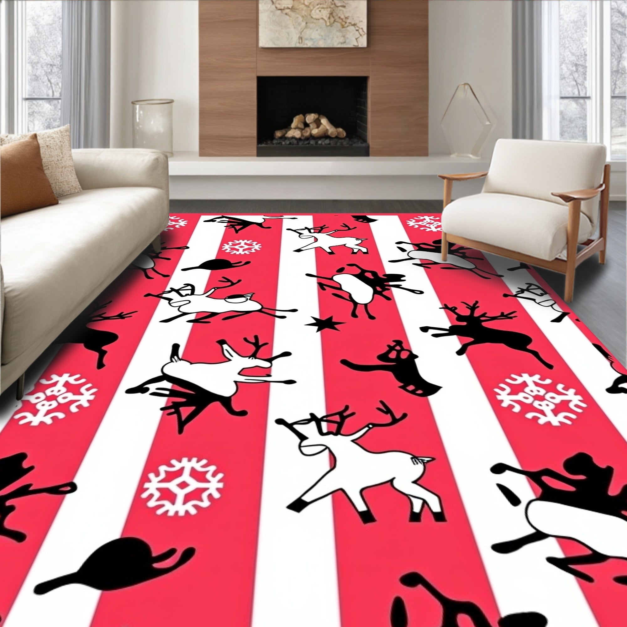 Jolly Red Stripe Reindeer Snowflakes Rug