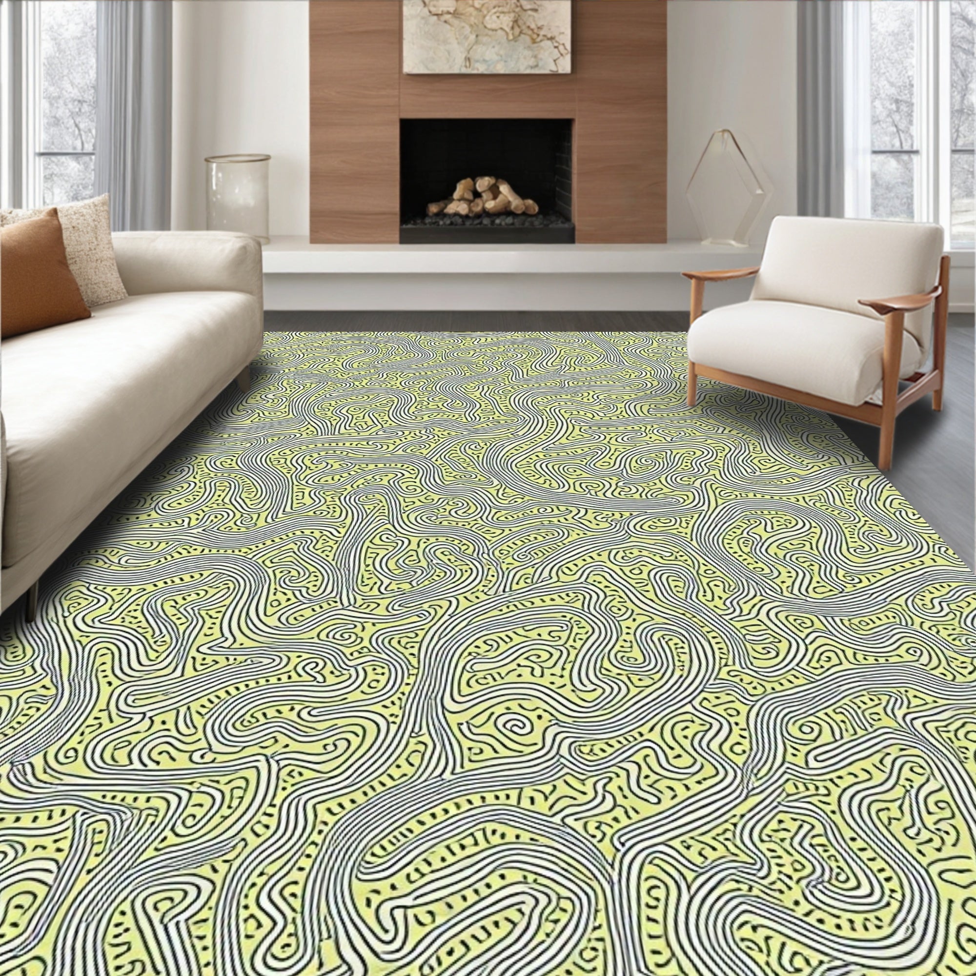 Yellow Maze Line Art Rug