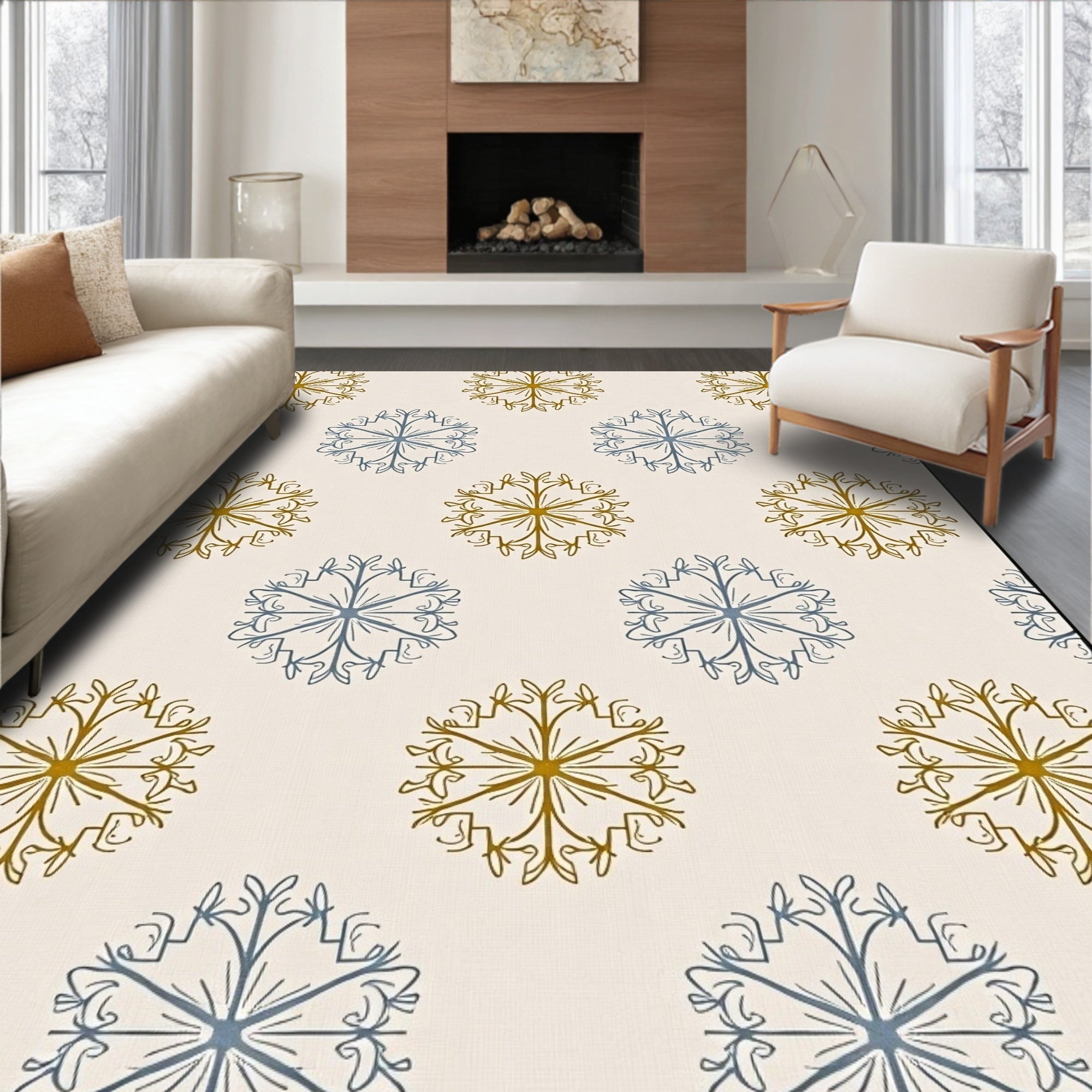 Golden Blue Snowflake Medallion Rug