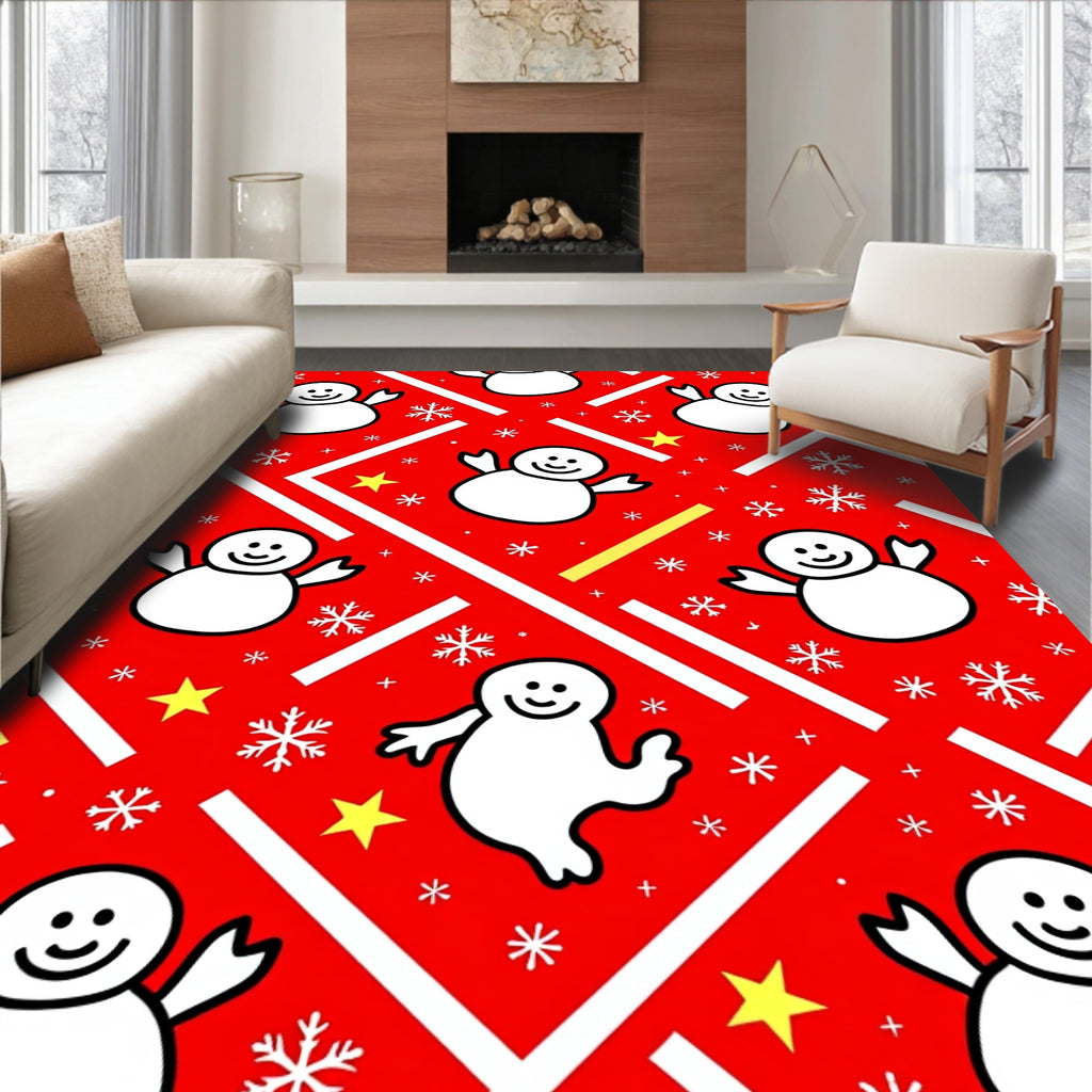 Happy Snowman Red Yellow Star Rug
