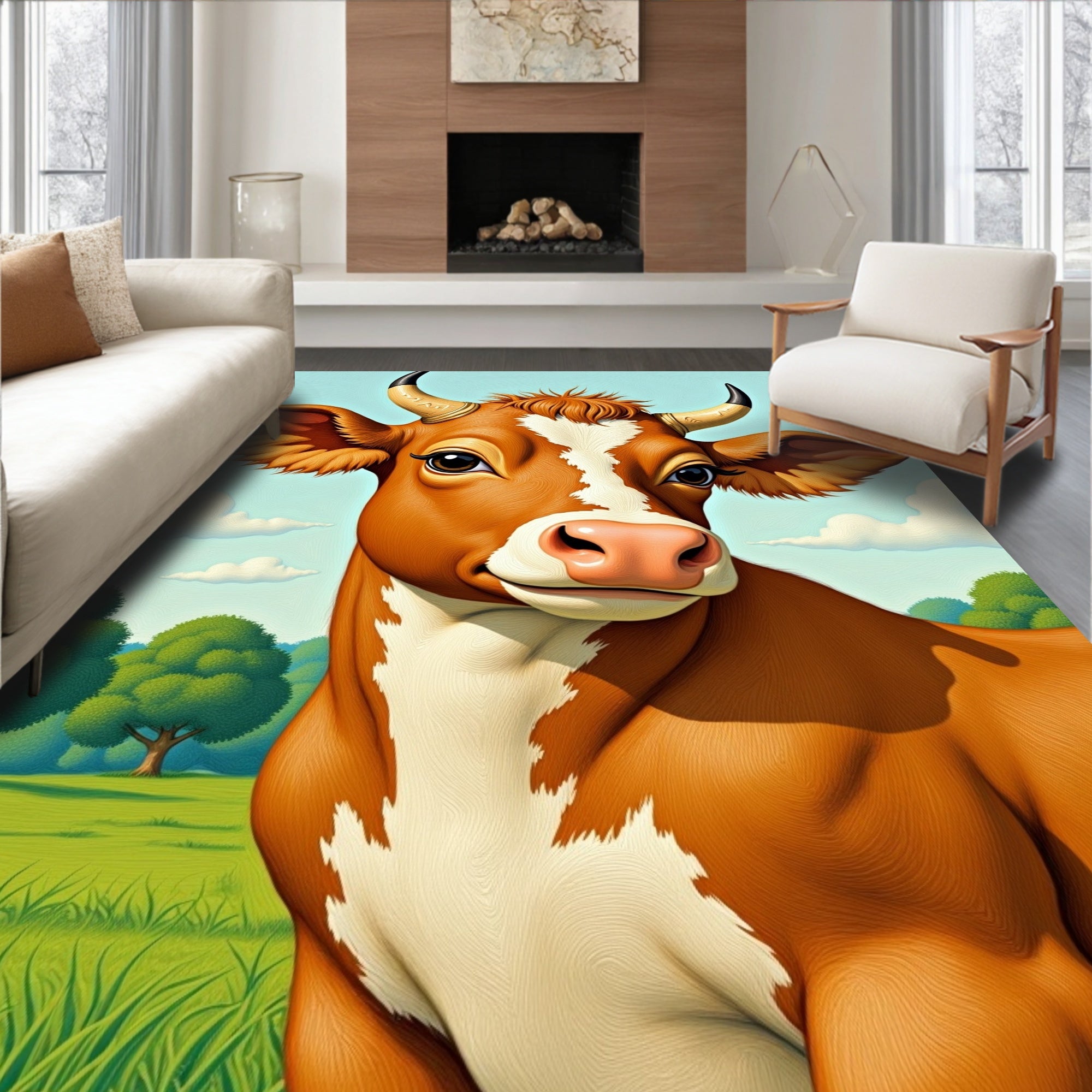 Whimsical Cow Pastoral Landscape Rug