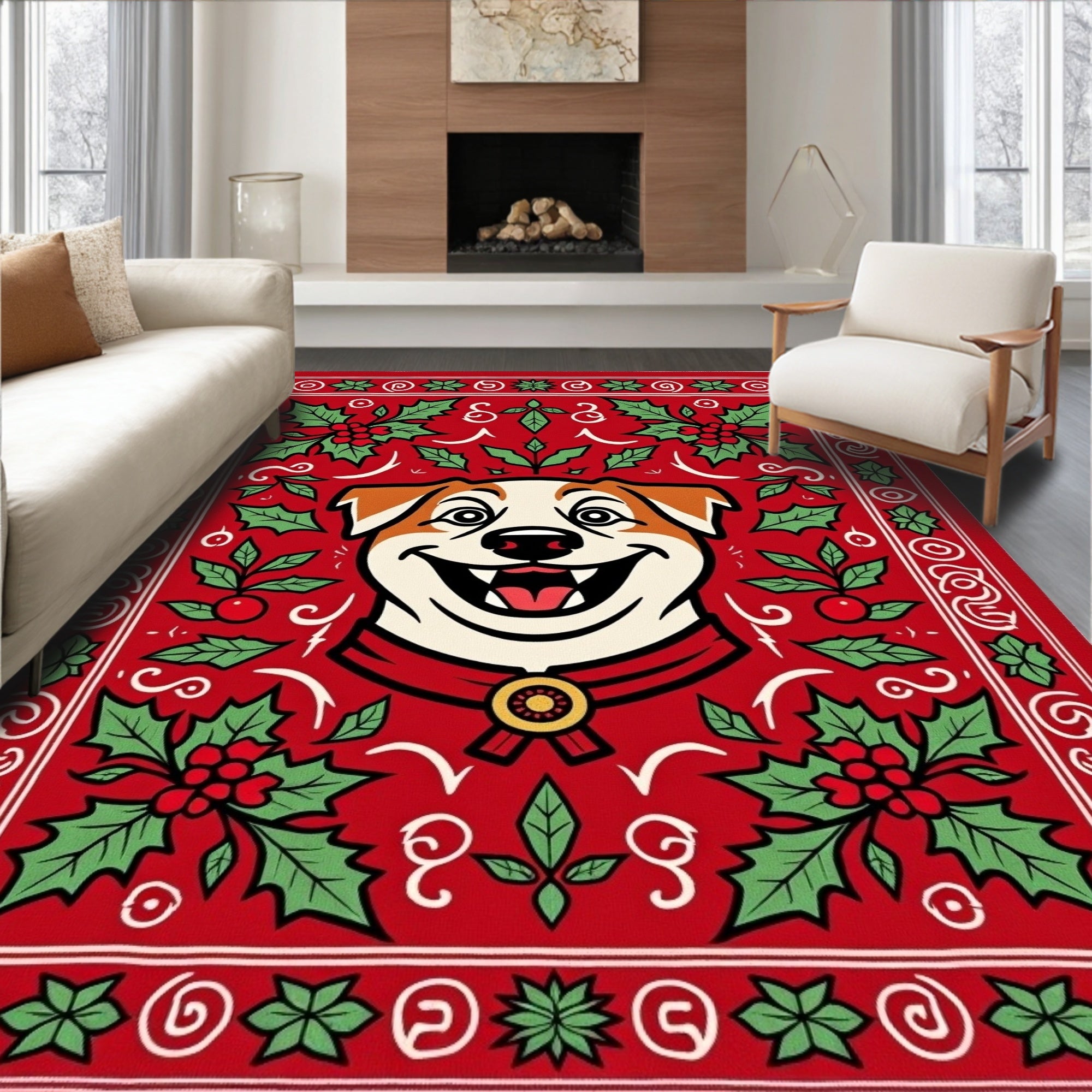 Joyful Red Holly Dog Medallion Rug