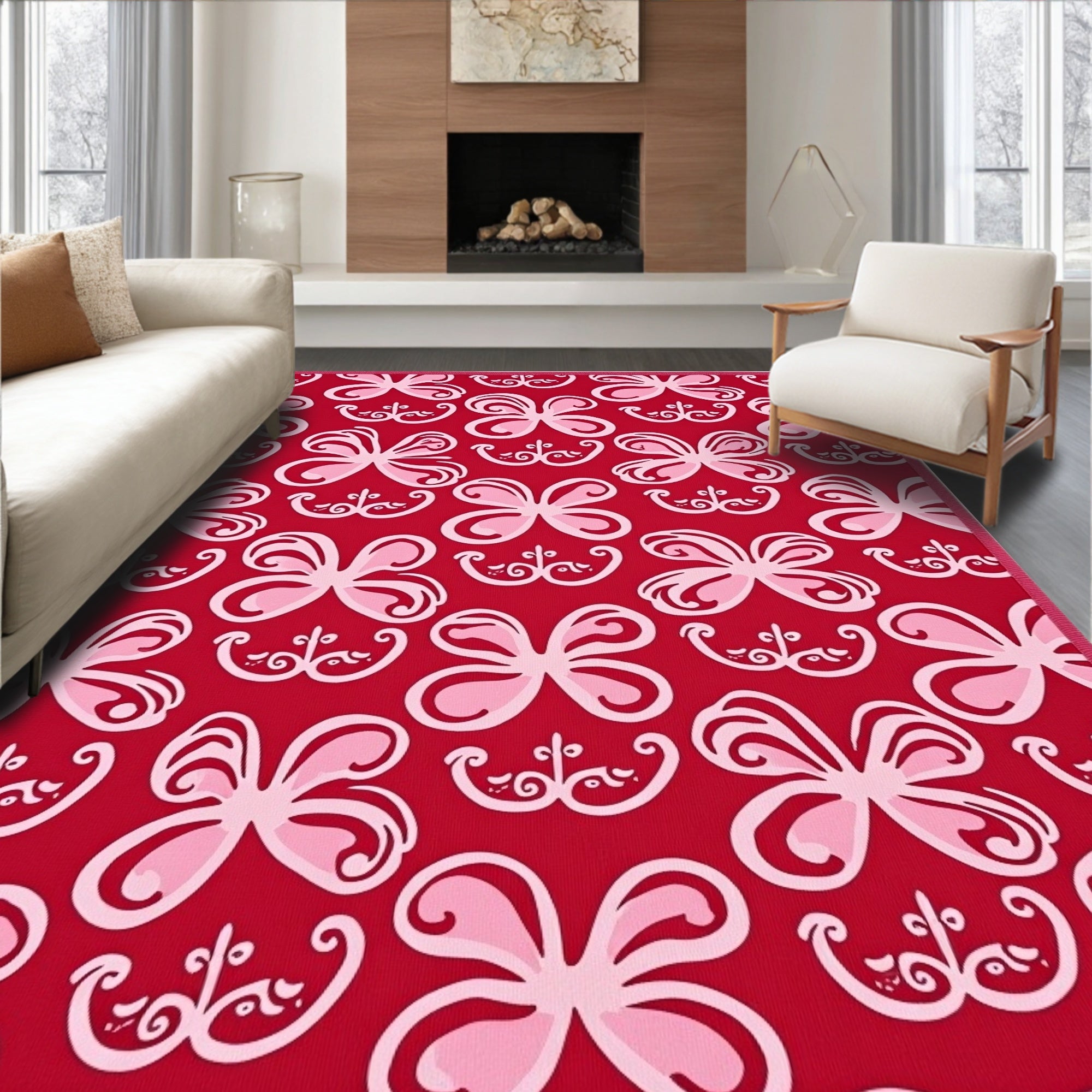 Crimson Pink Tropical Butterfly Garden Rug