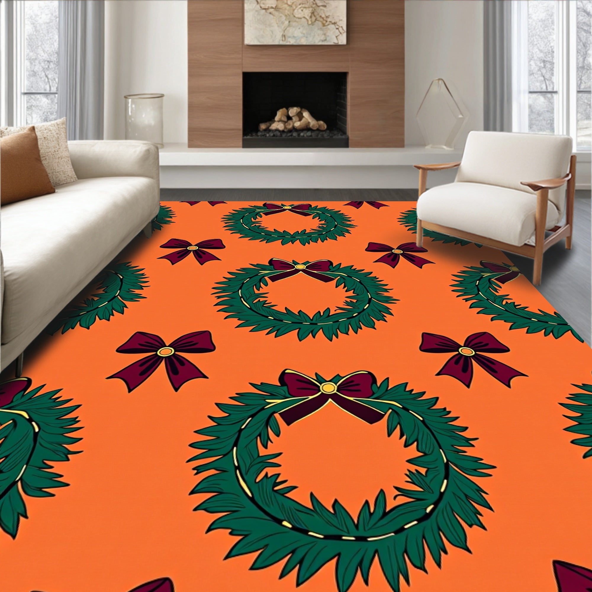 Festive Green Wreath Burgundy Bow Rug